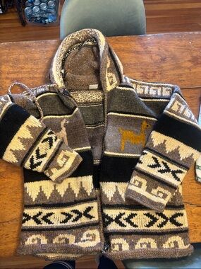 Hooded Alpaca-Patterned Knit Cardigan Sweater - Brown